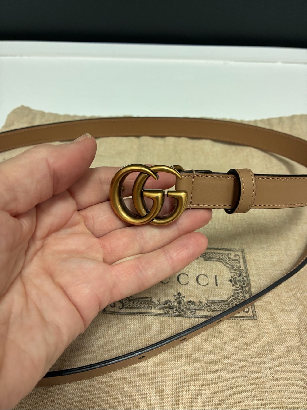 Gucci Tan Leather Double G Belt - Authentic
